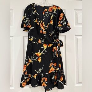 Summer Woven Short Sleeve V-Neck Floral Wrap Dress in Black and Orange